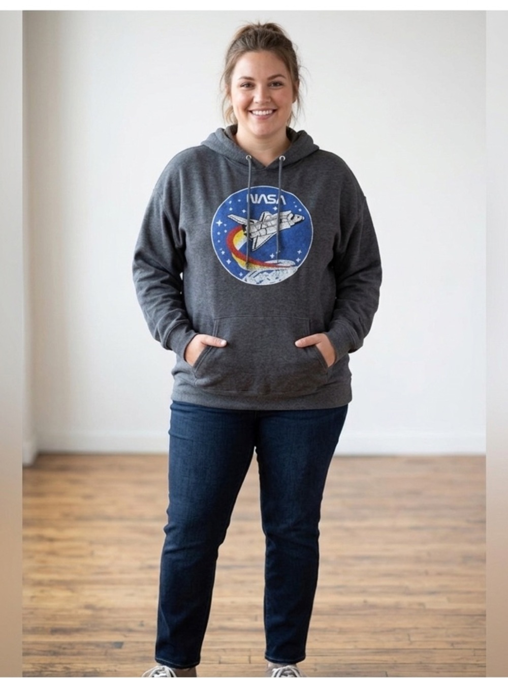 NASA Dark Gray Pullover Hoodie w/ Space Shuttle Graphic Science Cozy Winter
